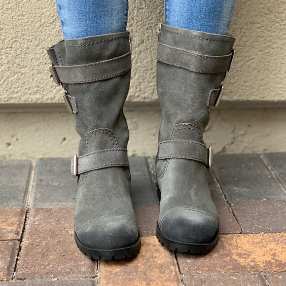 Charcoal Gray Distressed Suede Combat Moto Boots - Picture 4 of 7